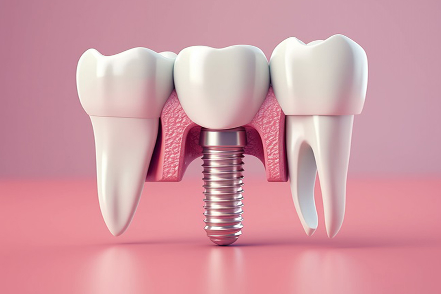 Illustration of a dental implant between two natural teeth